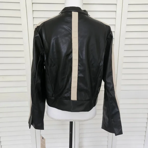 New Democracy Biker Jacket Size M Faux Leather Black Beige Zip Front Moto NWT - Picture 10 of 16